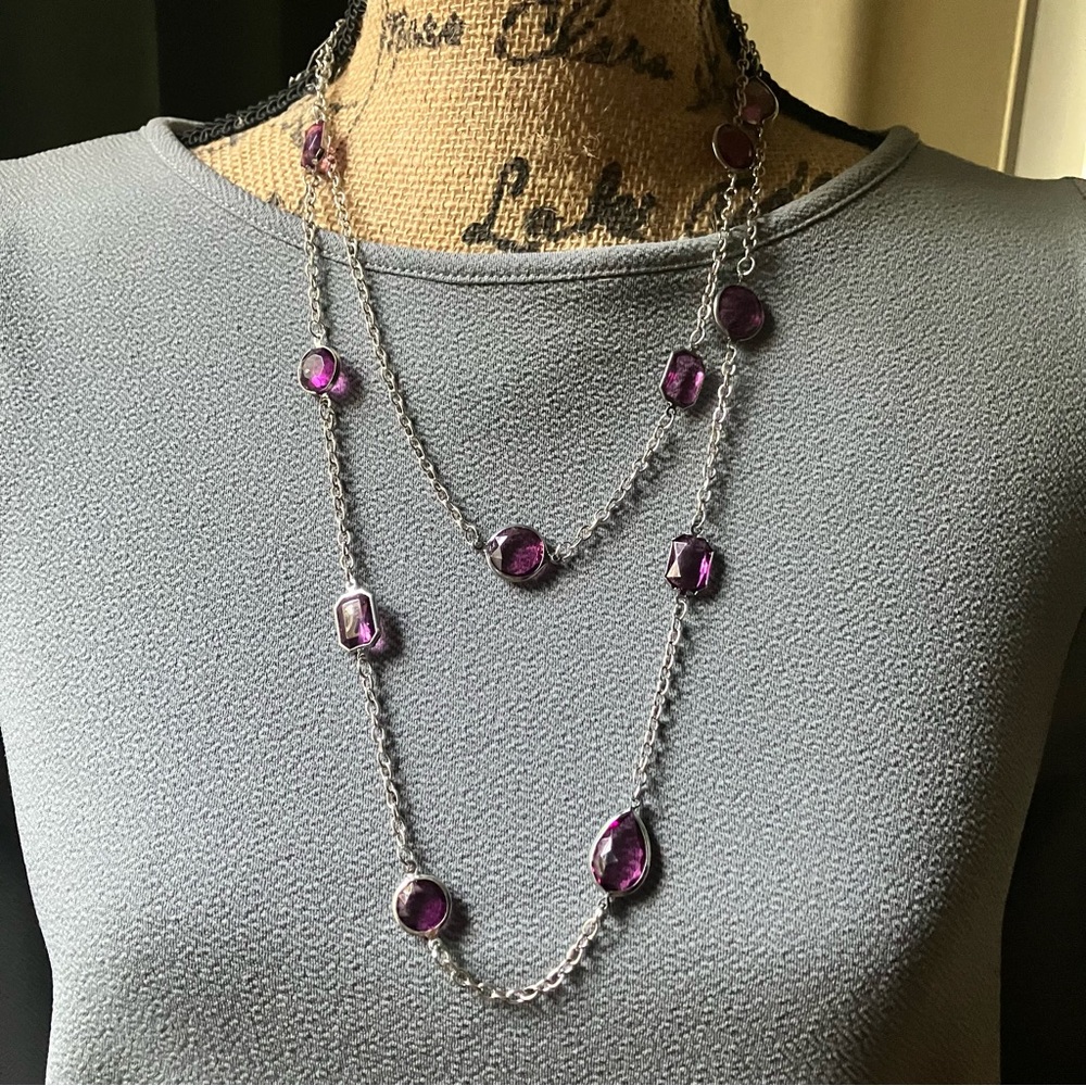 Long purple gemstone and silver chain necklace